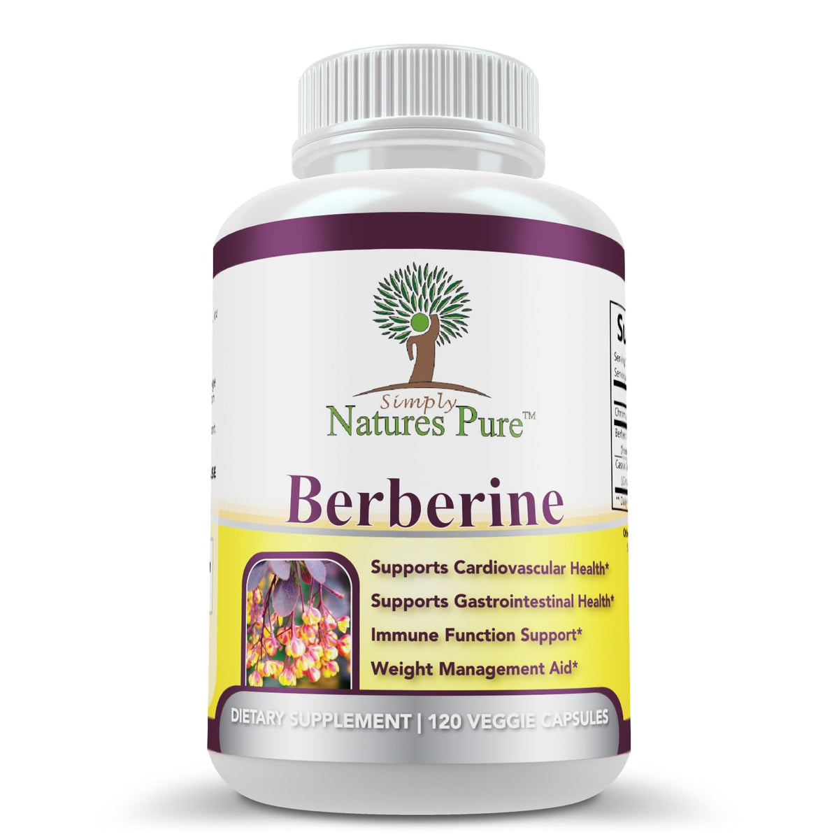 Simply Natures Pure berberine bottle label with 500 mg per capsule for GI and heart support