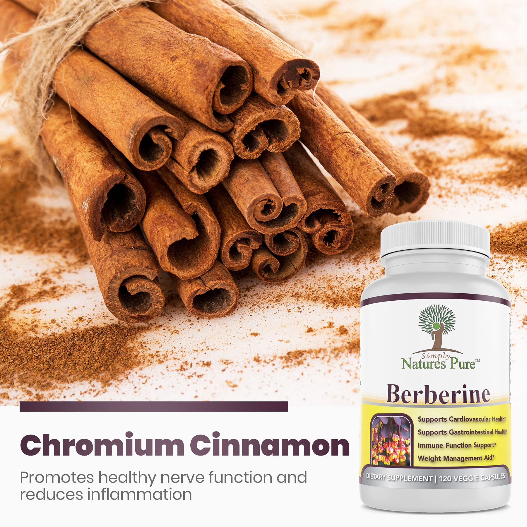 Simply Natures Pure berberine bottle beside a glass of water for daily use