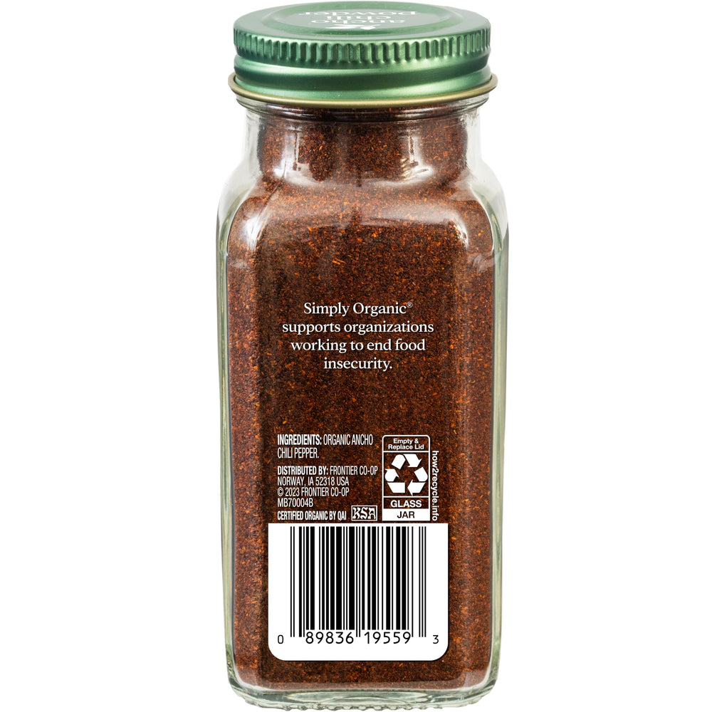 Close-up of Simply Organic Ancho Chili Powder reveals deep red-brown color