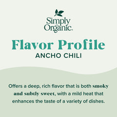 Simply Organic Ancho Chili Powder label highlights organic, kosher, and non-irradiated status
