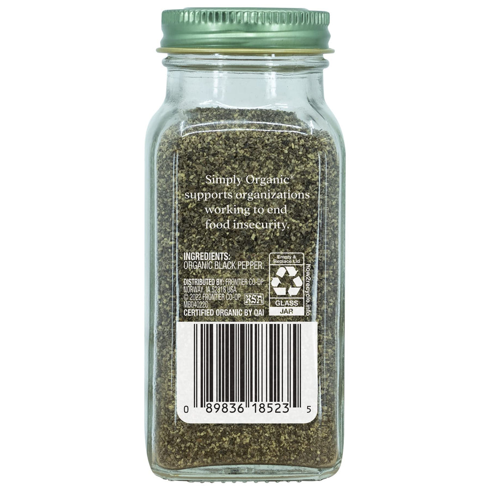 Simply Organic Black Pepper medium grind top view for versatile kitchen staple.