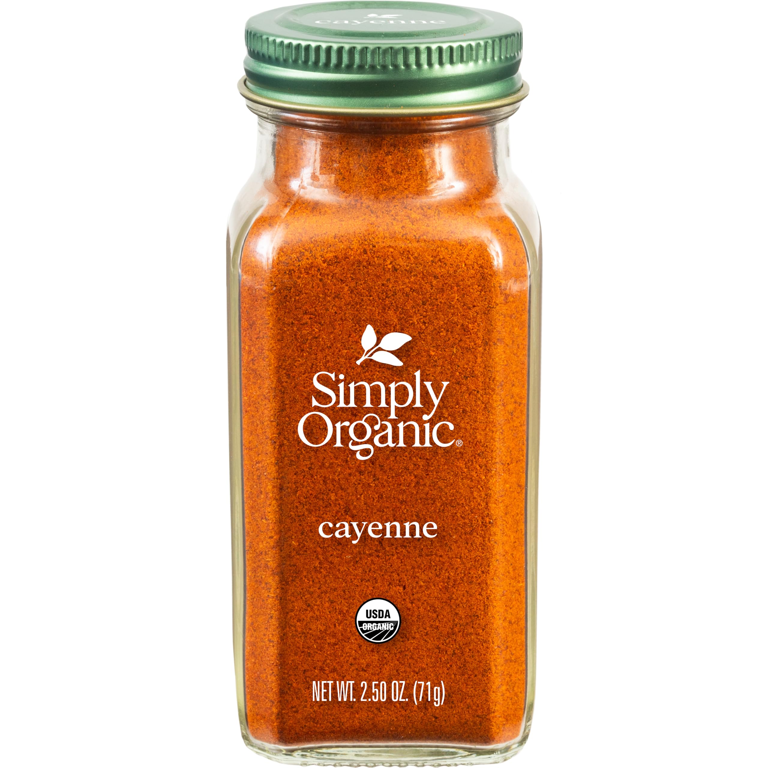 Simply Organic Cayenne bottle closeup highlighting vibrant spice for bold cooking.