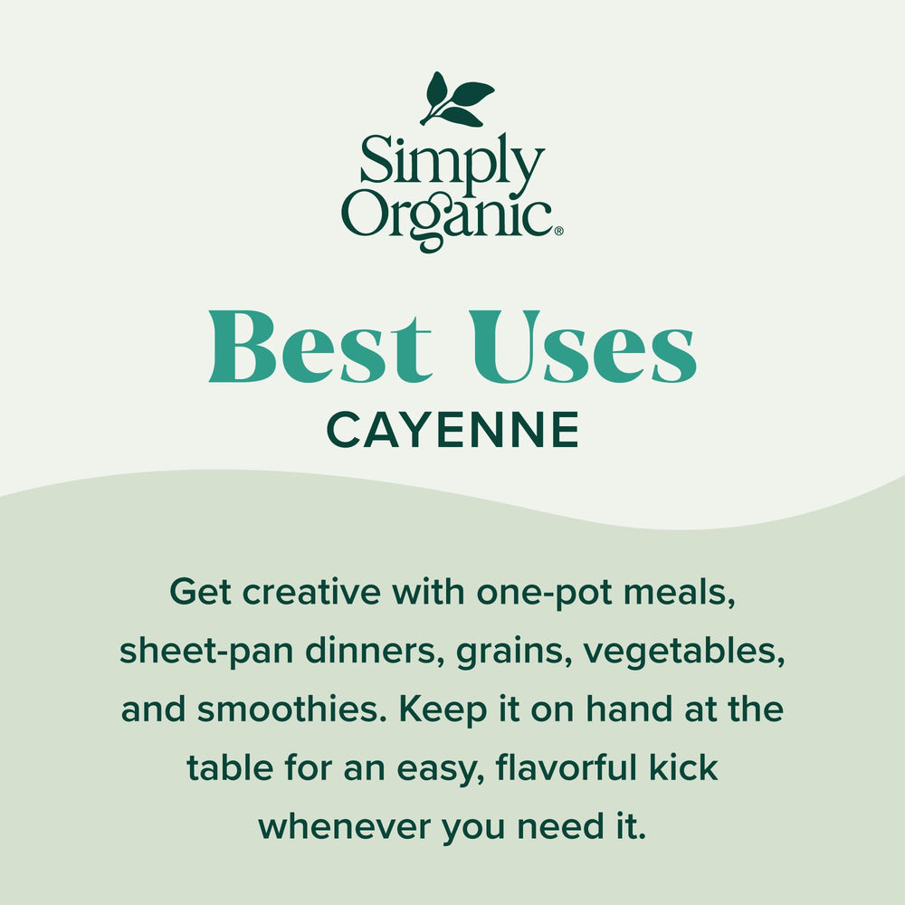 Simply Organic Cayenne spice dust on table shows color and aroma boost.