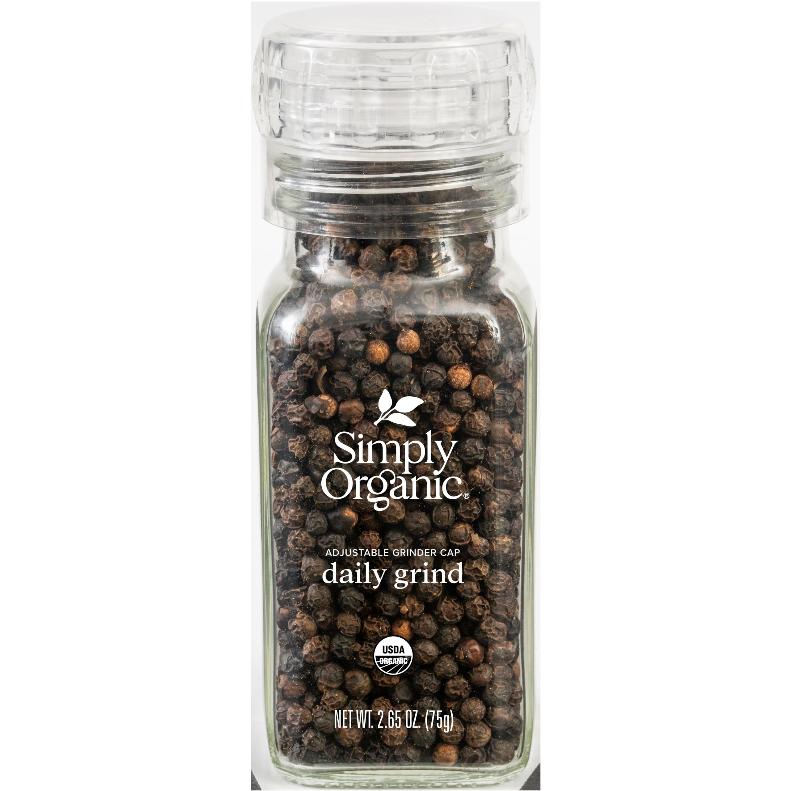 Simply Organic Daily Grind glass bottle with adjustable grinder top for easy seasoning.