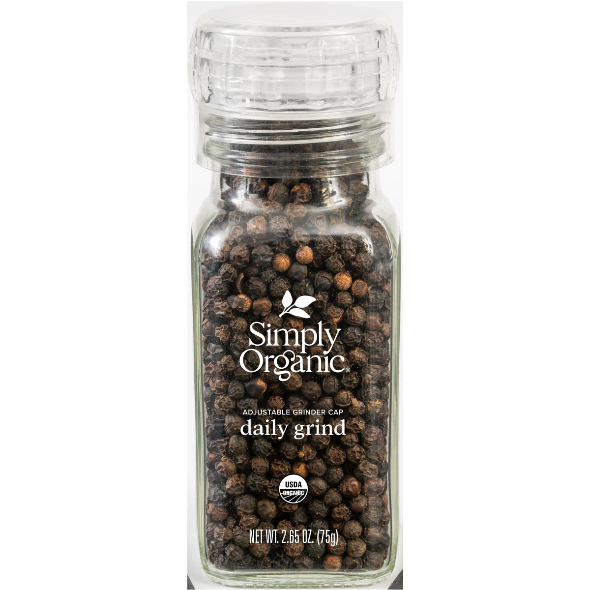 Simply Organic Daily Grind glass bottle with adjustable grinder top for easy seasoning.