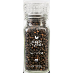 Simply Organic Daily Grind glass bottle with adjustable grinder top for easy seasoning.