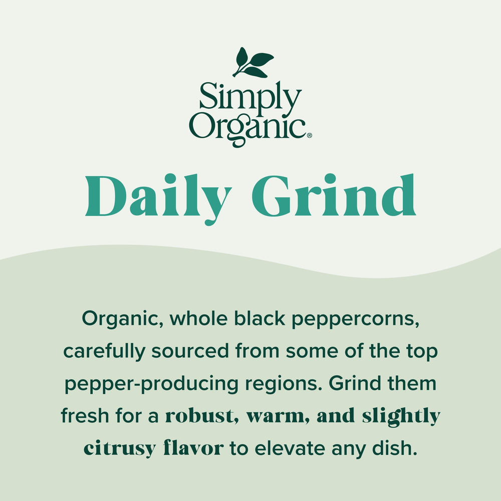 Simply Organic Daily Grind made in USA label on glass bottle for quality assurance.