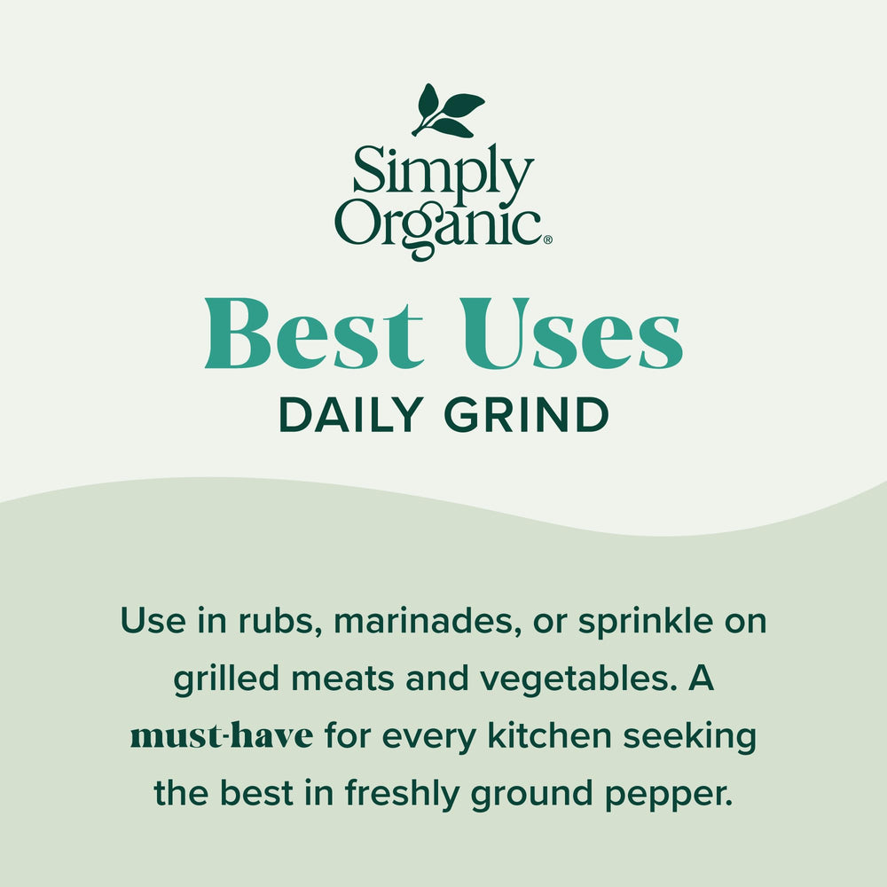 Simply Organic Daily Grind organic and kosher certification labels on a compact spice bottle for trust.