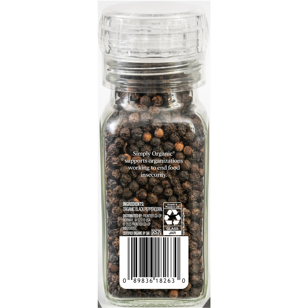 Simply Organic Daily Grind peppercorns close-up showing premium organic black pepper for rich flavor.