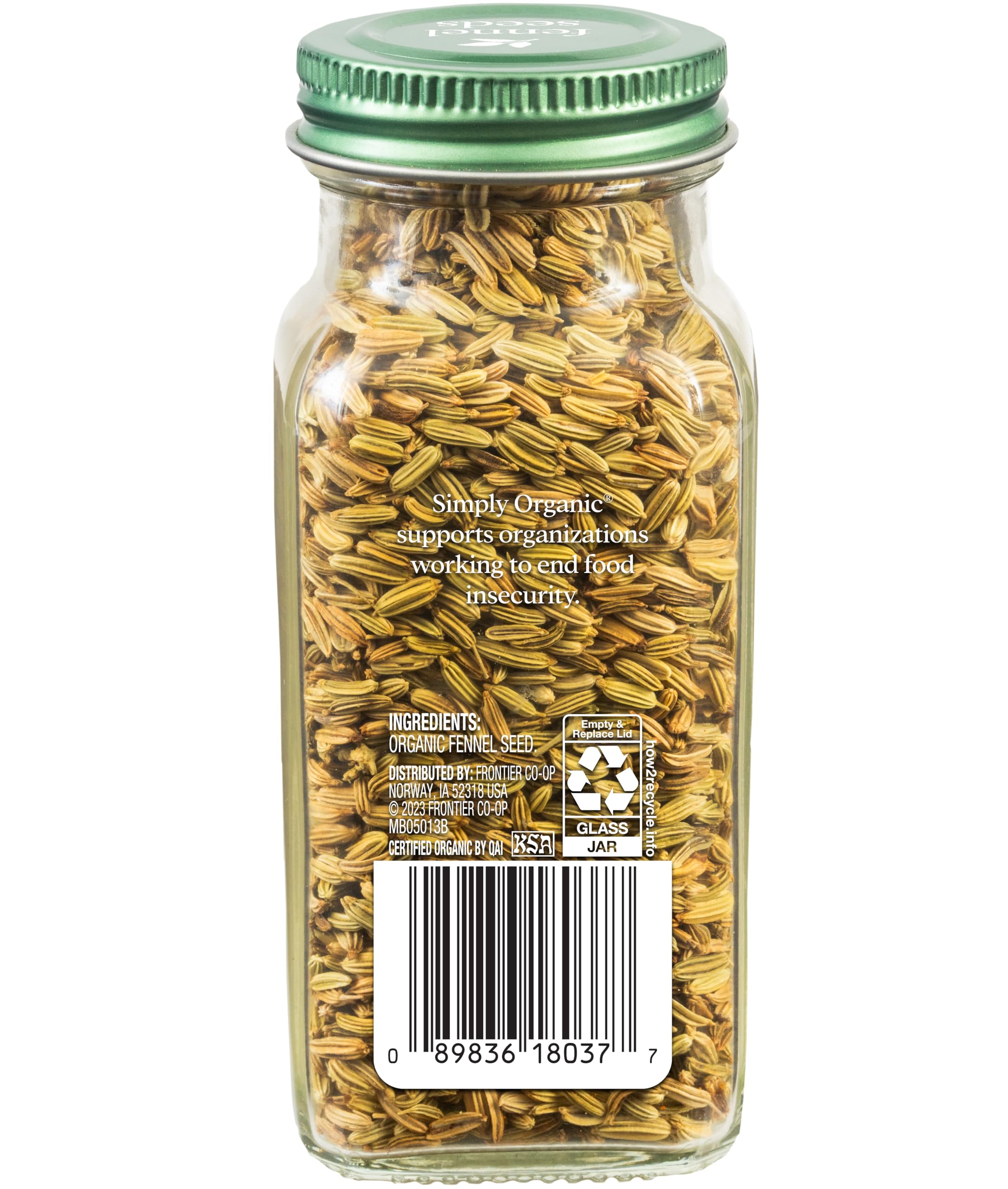 Close-up of Simply Organic fennel seeds showing purity and bold flavor for roasts.