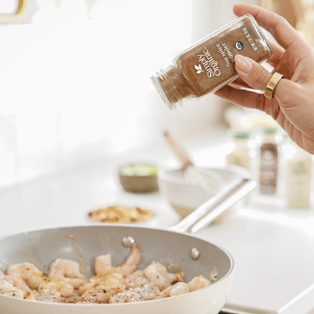 Simply Organic Five Spice Bottle label emphasizes organic certification and freshness.