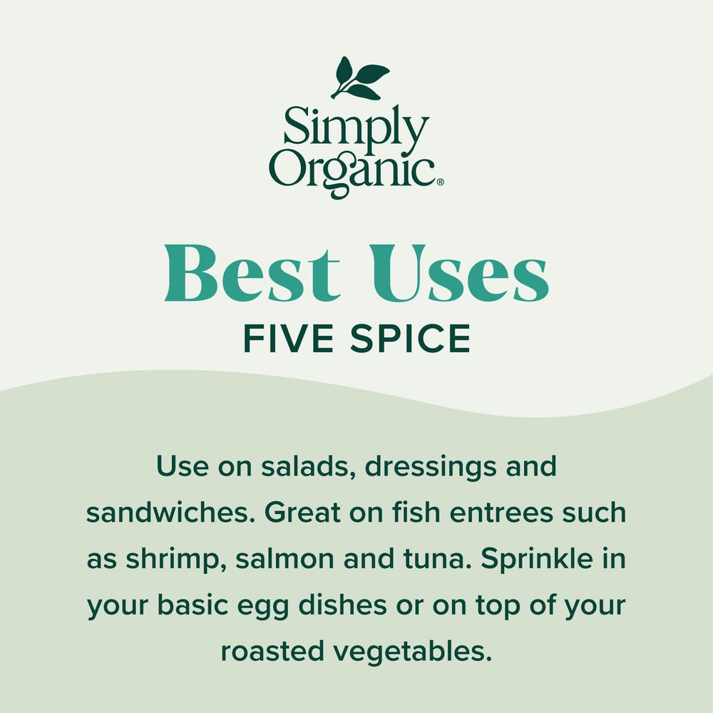 Simply Organic Five Spice Powder on pantry shelf for everyday meals.