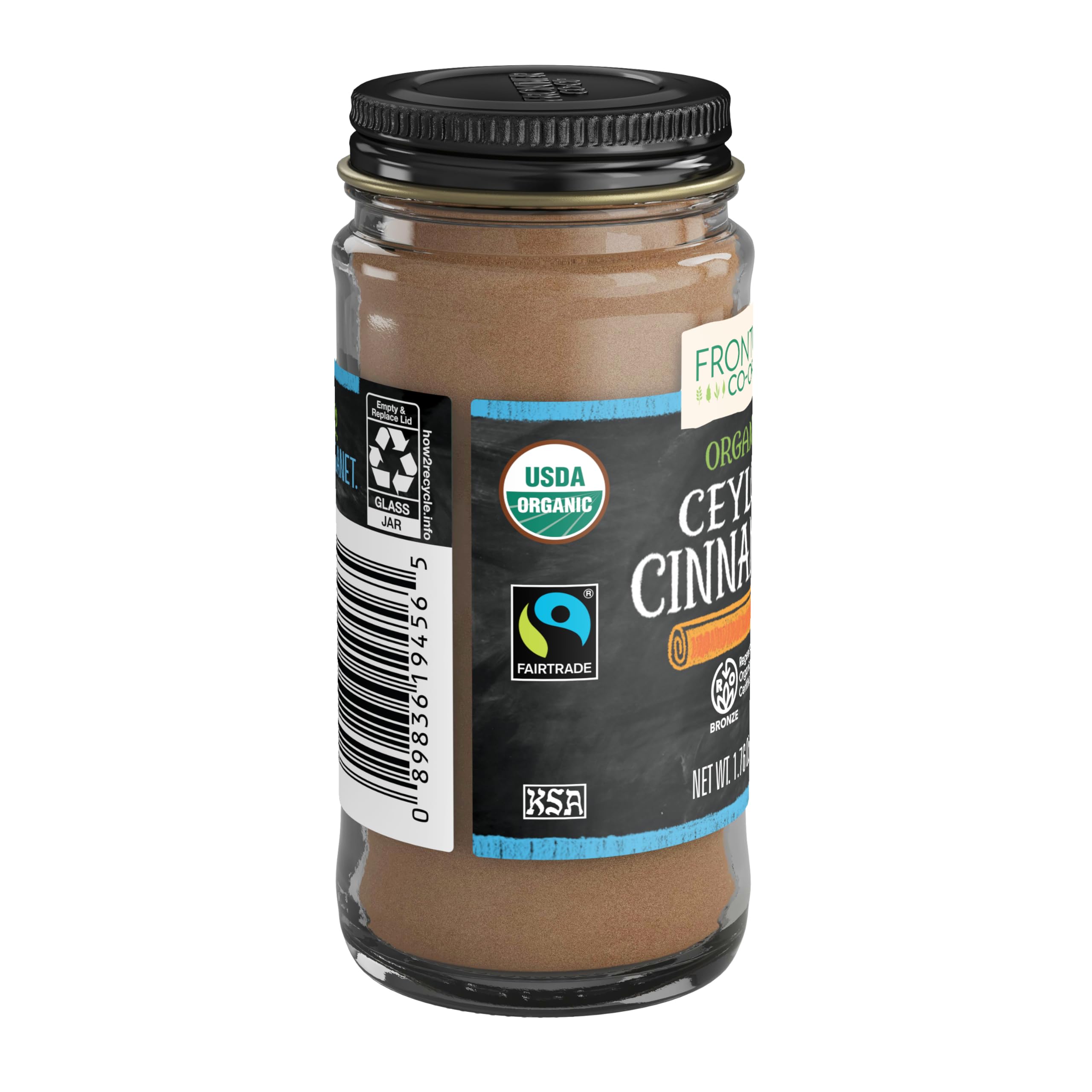 Simply Organic Frontier Cinnamon labeling emphasizes regenerative organic sourcing and ethical farming practices