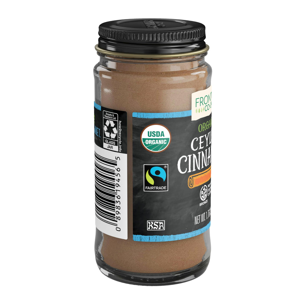 Simply Organic Frontier Cinnamon labeling emphasizes regenerative organic sourcing and ethical farming practices