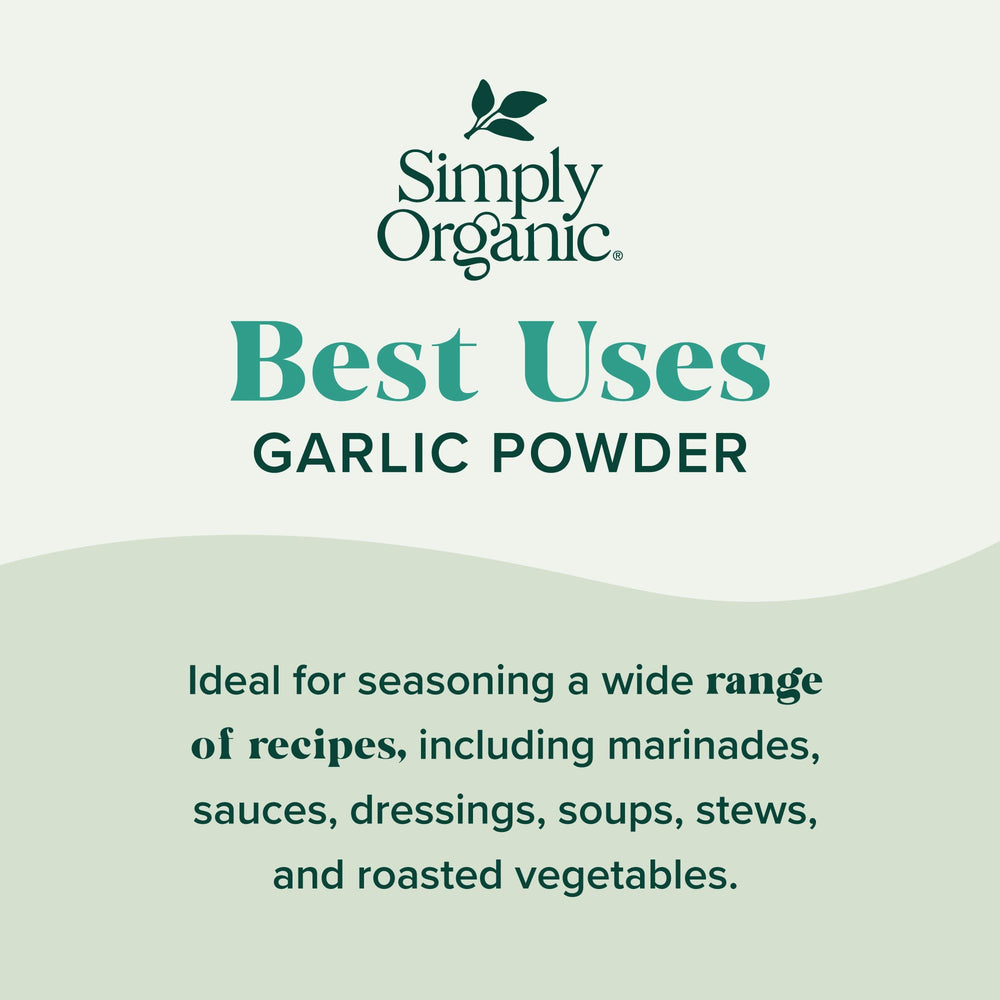 Simply Organic Garlic Powder dispensing spoon, convenient for sauces and marinades.