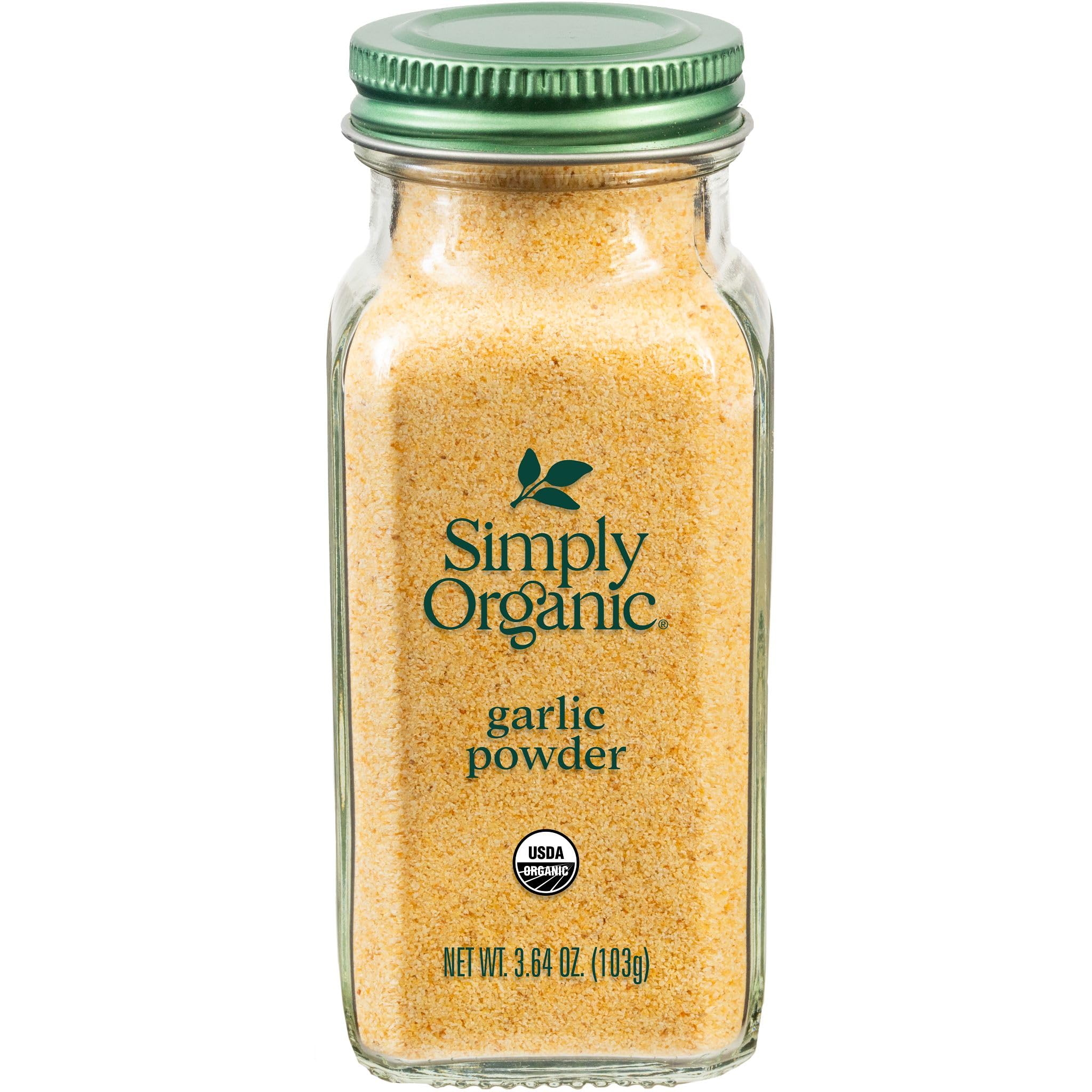 Simply Organic Garlic Powder jar front showing pure A-Grade garlic for rich, savory flavor.