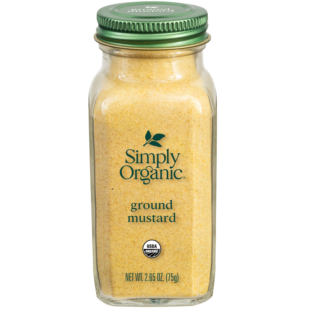 Simply Organic Ground Mustard Seed bottle displays bold aroma ideal for dressings.