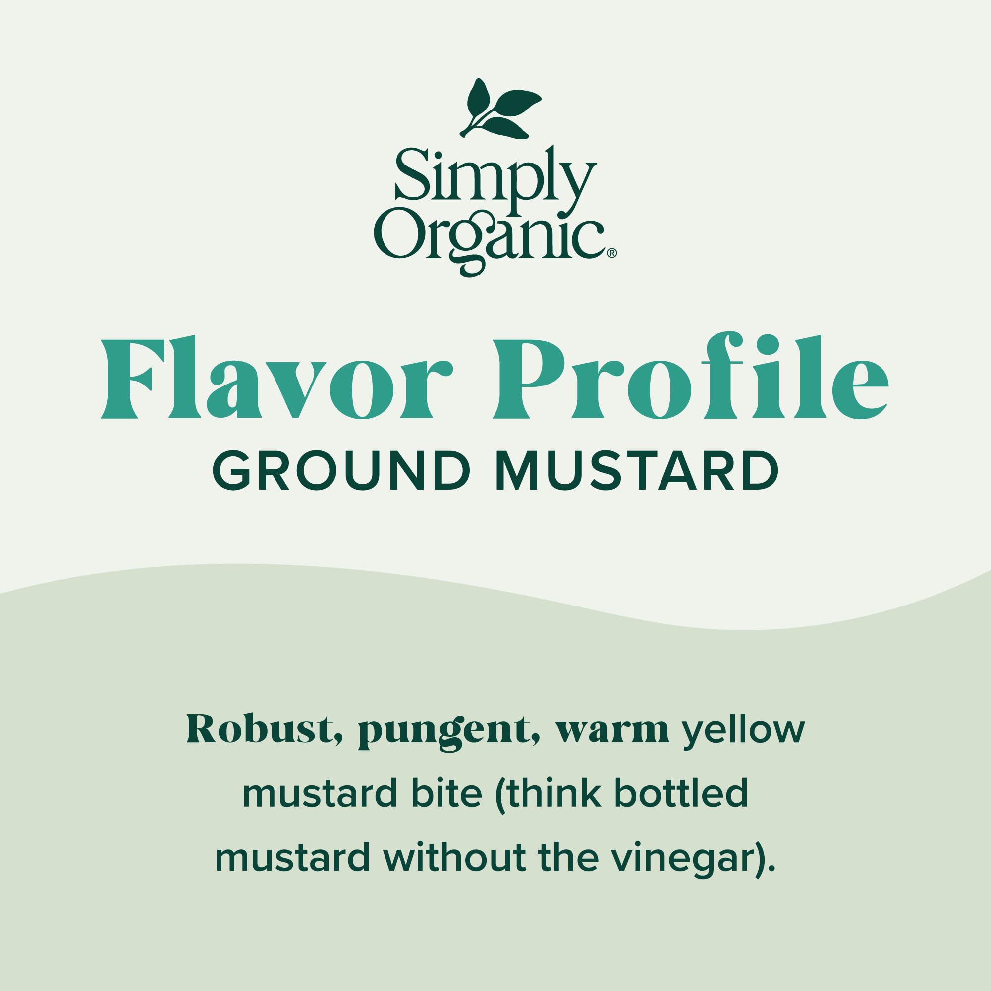 Closeup of Simply Organic Ground Mustard Seed texture shows fine grind for blends.