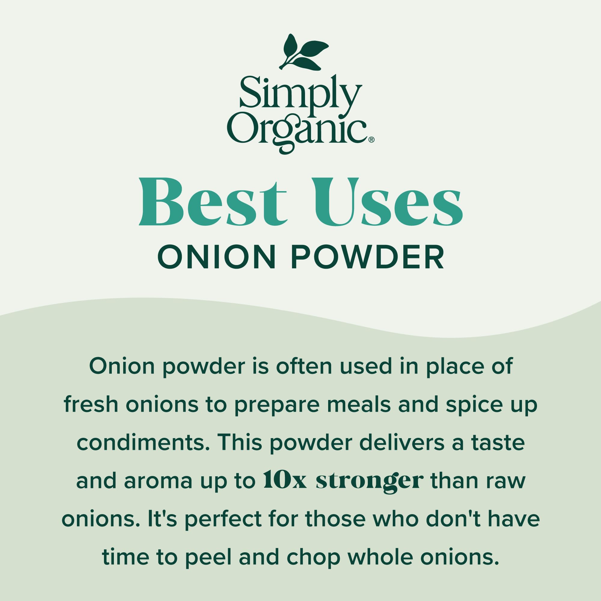 Simply Organic Onion Powder with spoon pour for quick dispensing in recipes.