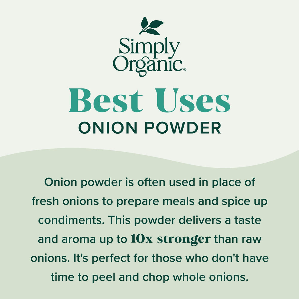 Simply Organic Onion Powder with spoon pour for quick dispensing in recipes.