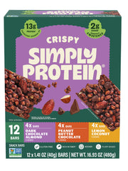 Simply Protein Crispy Bars in Dark Chocolate Almond flavor, a high-protein snack option