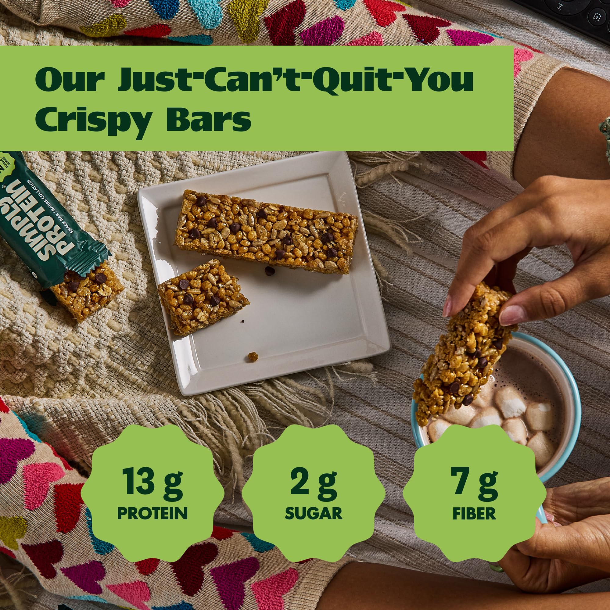 Nutrition label close-up highlights 13g protein and 2g sugar per bar