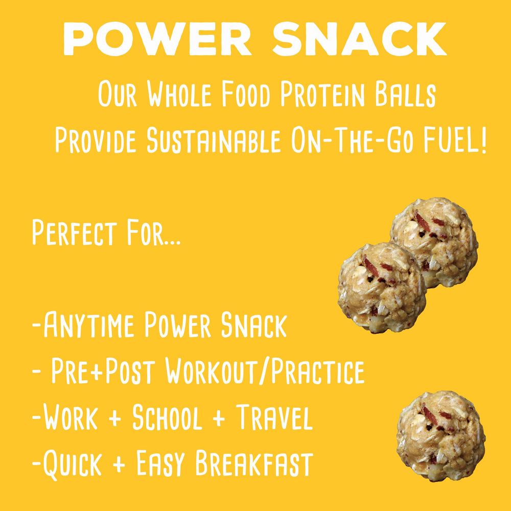 SimplyFUEL Protein Balls packed in a backpack for busy days on the go.