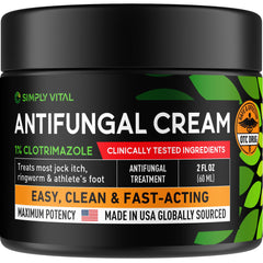 SimplyVital Clotrimazole cream tube close-up for fast antifungal protection.
