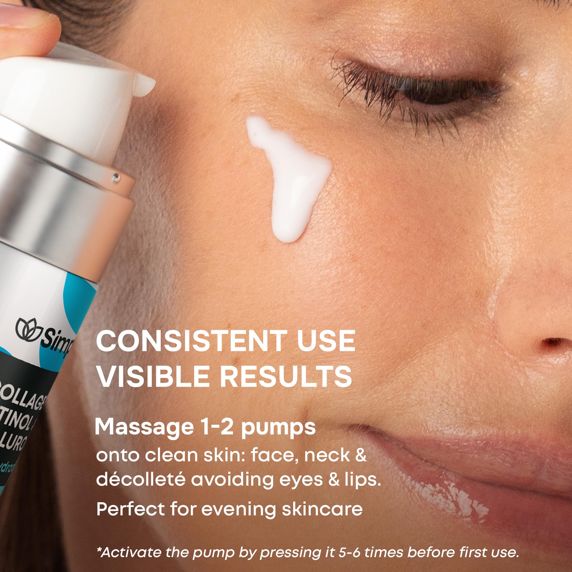 SimplyVital Collagen Retinol Hyaluronic Serum apply on skin shows smoothing hydration across the face.