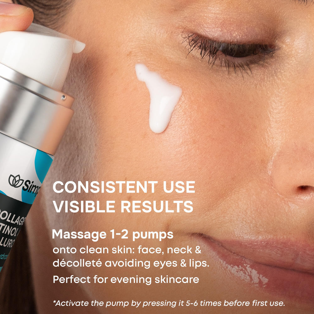 SimplyVital Collagen Retinol Hyaluronic Serum apply on skin shows smoothing hydration across the face.