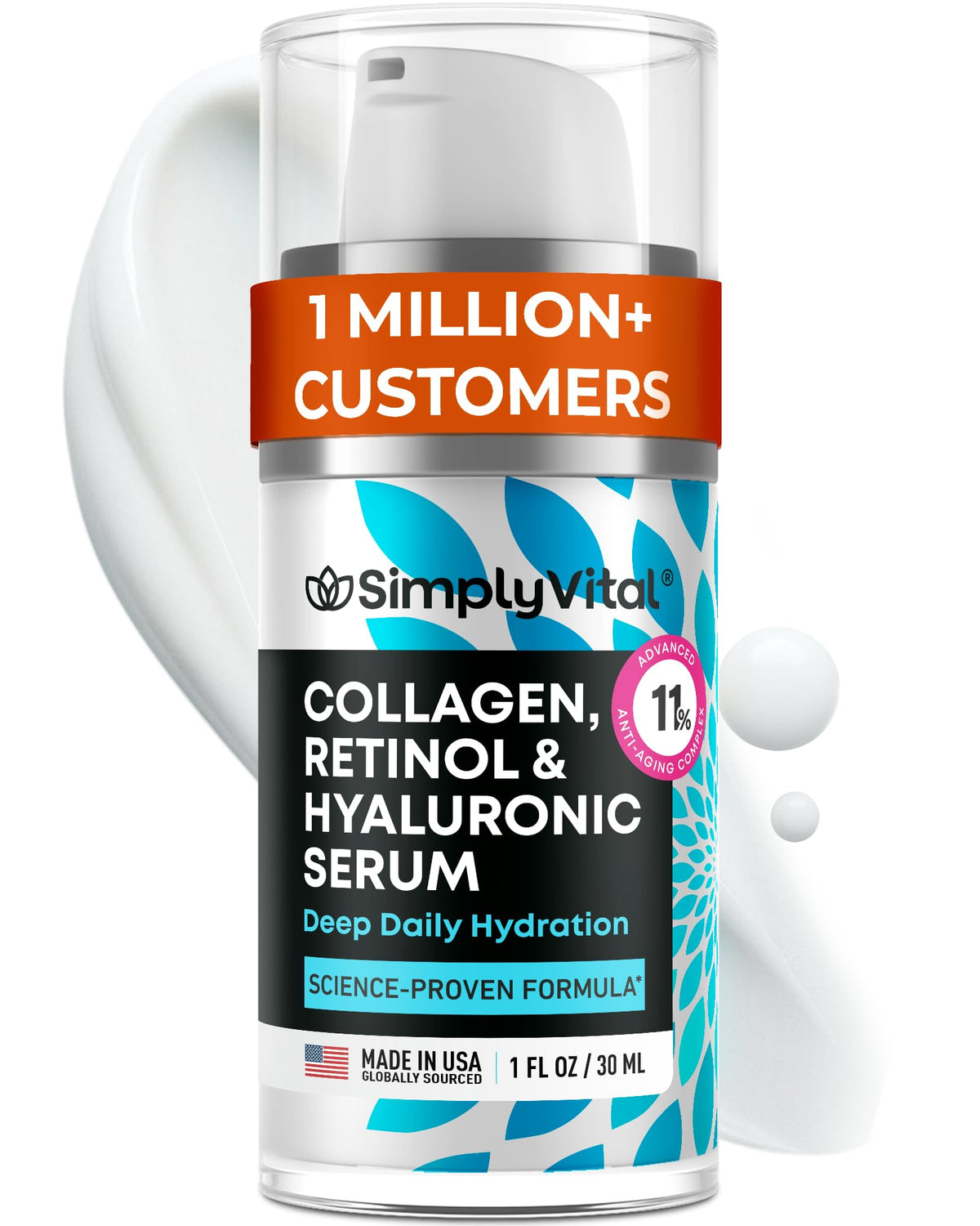 SimplyVital Collagen Retinol Hyaluronic Serum bottle shows a lightweight, hydrating formula for daily use.