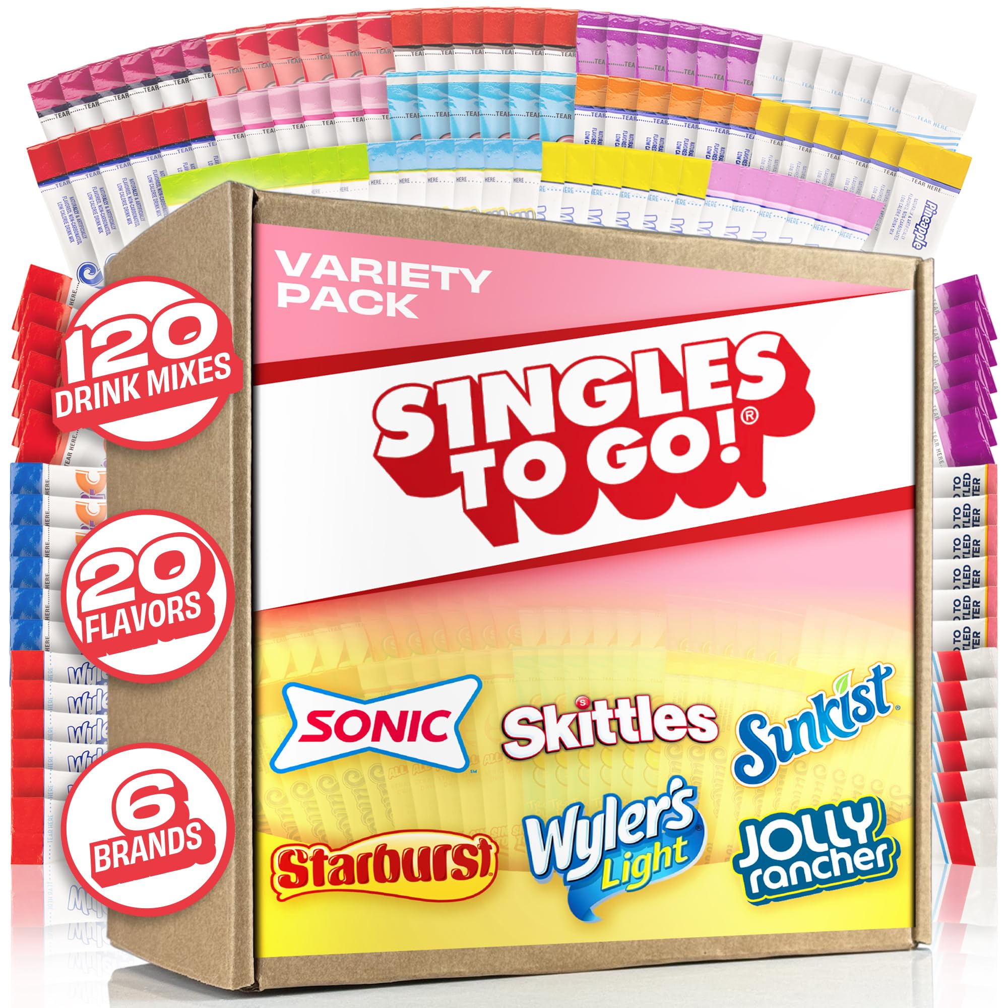 Singles To Go! 120ct bulk box on table showcasing flavor variety for hydration.