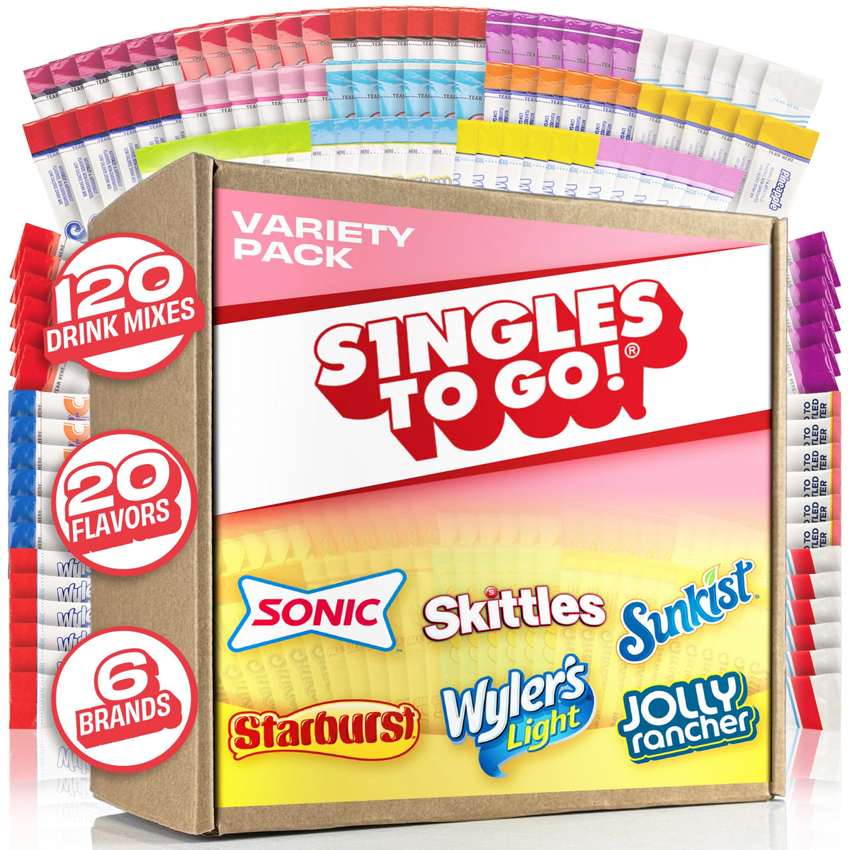 Singles To Go! 120ct bulk box on table showcasing flavor variety for hydration.