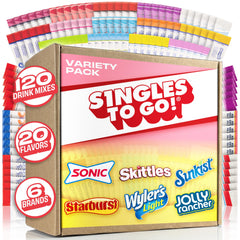 Singles To Go! 120ct bulk box on table showcasing flavor variety for hydration.