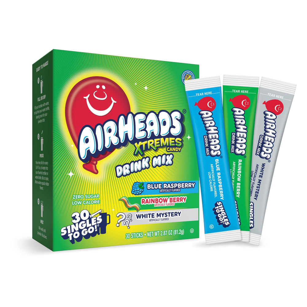 Airheads Xtreme blue raspberry packet dissolving in water for bold flavor