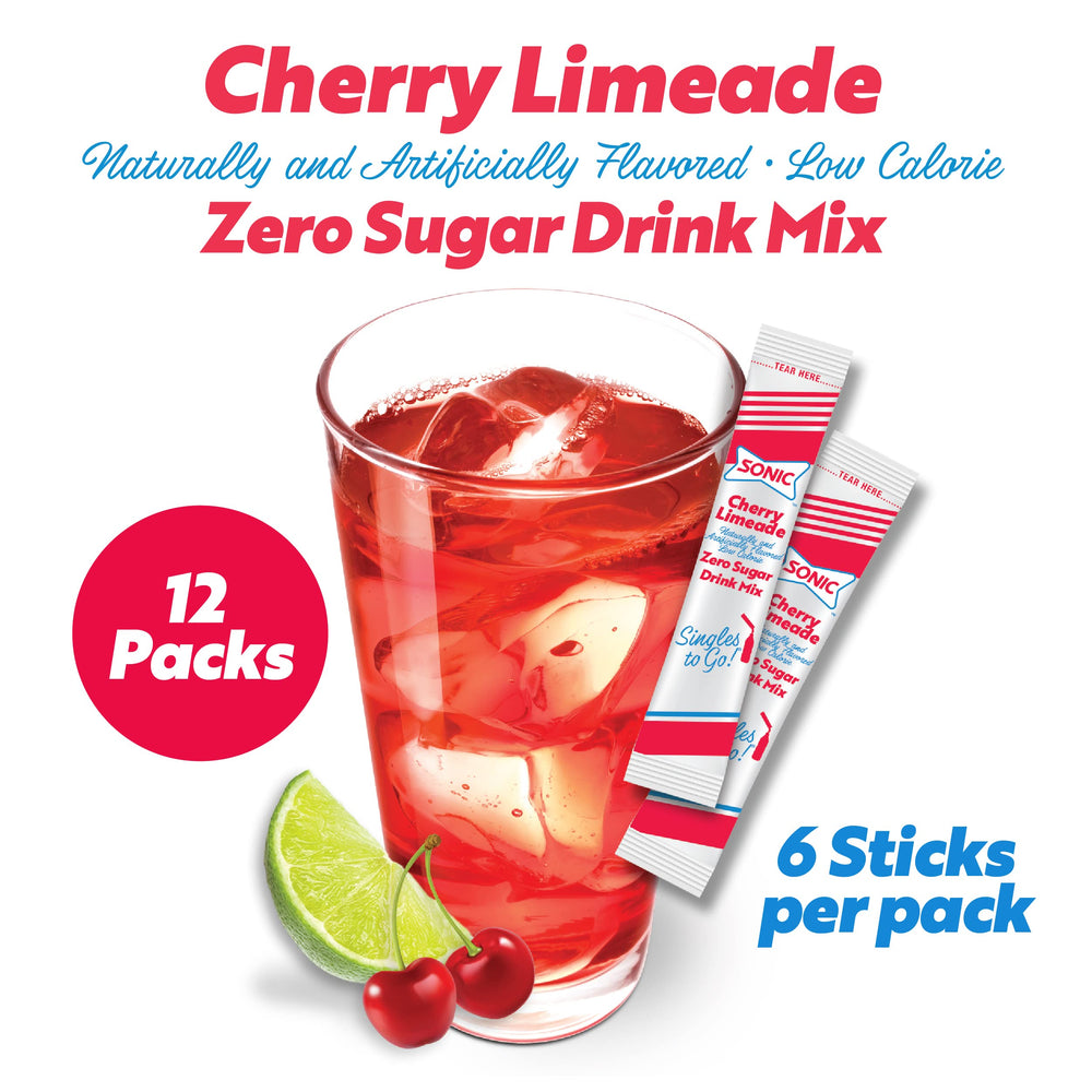 SINGLES TO GO Cherry Limeade in a glass with ice and water.