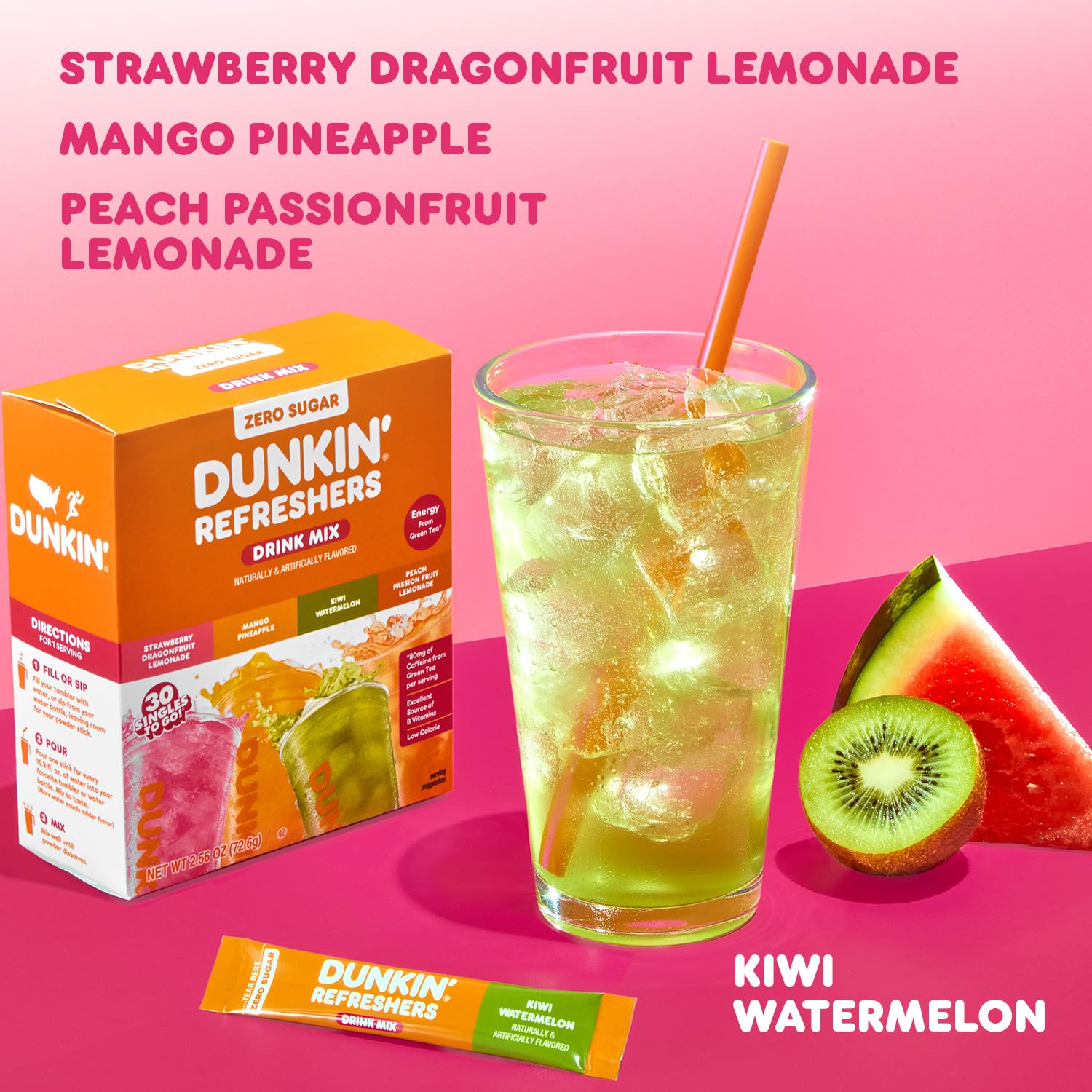 Dunkin Refreshers peach passionfruit lemonade stick boosts energy with green tea.