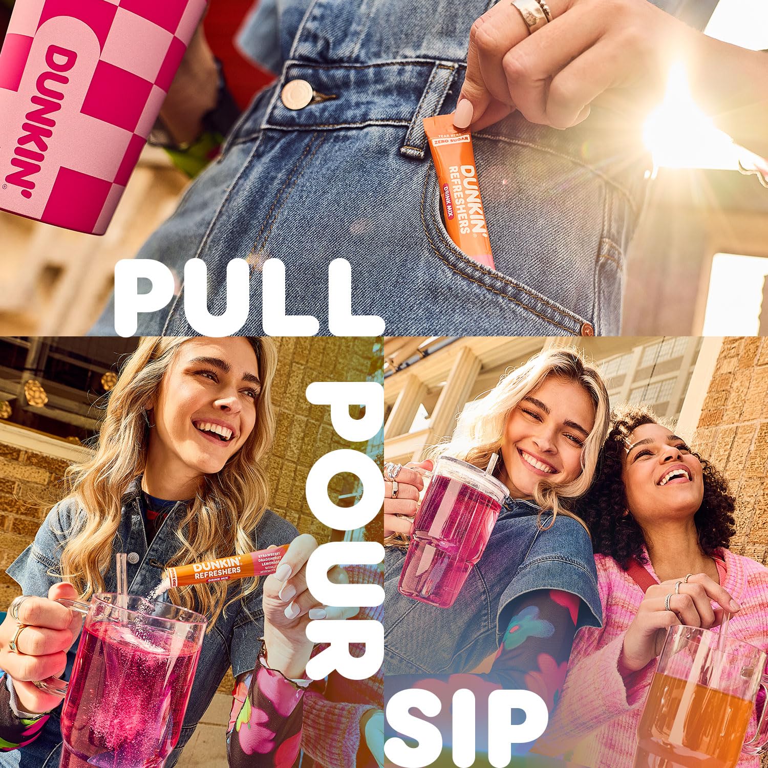 Dunkin Refreshers pour-ready powder meets 16 oz water for bold flavor.