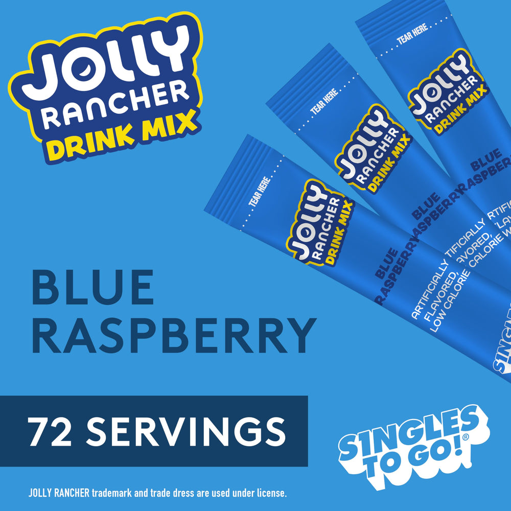 SINGLES TO GO! Blue raspberry packets ready to mix in bottled water.
