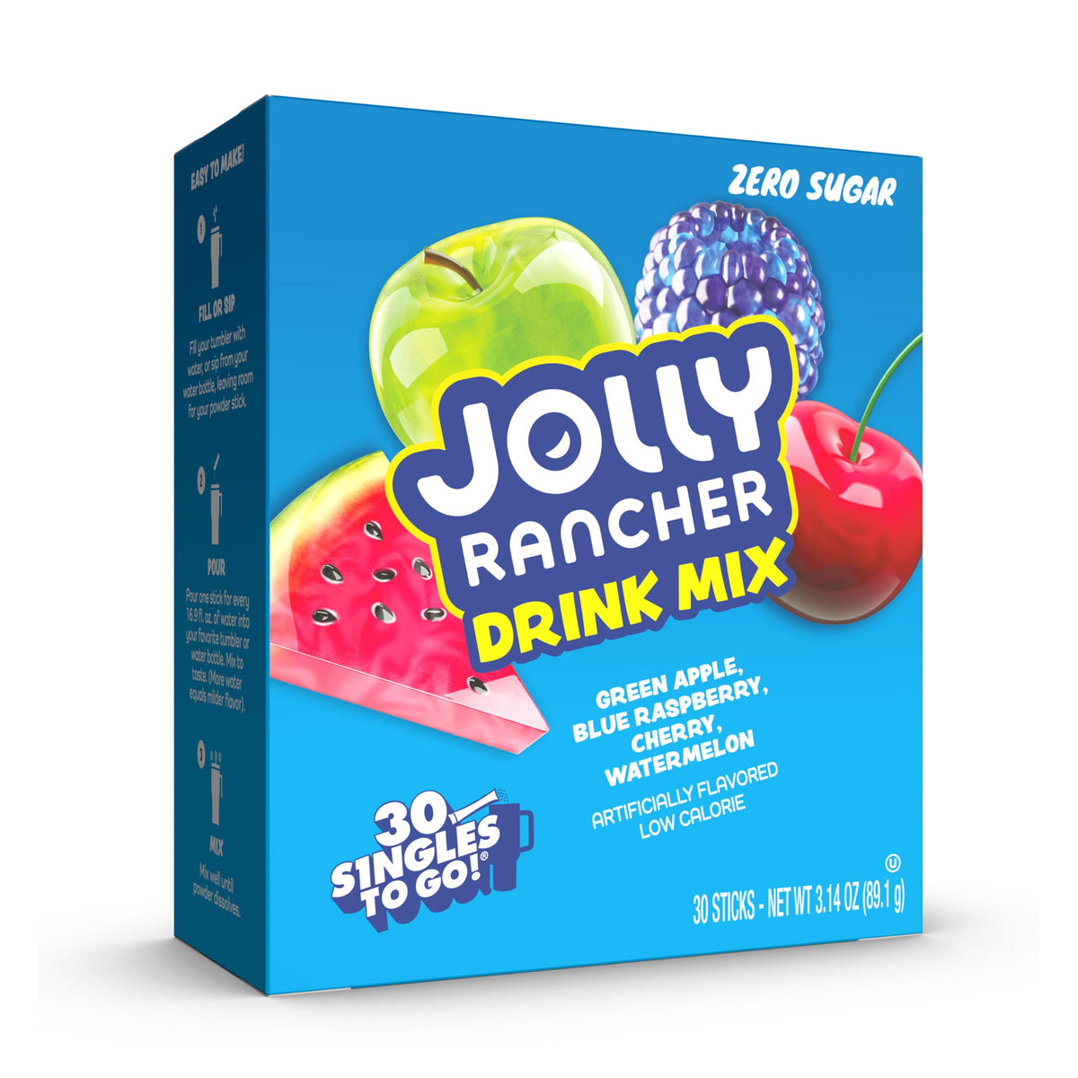 Singles To Go Jolly Rancher Green Apple stick for on-the-go hydration with bold flavor.