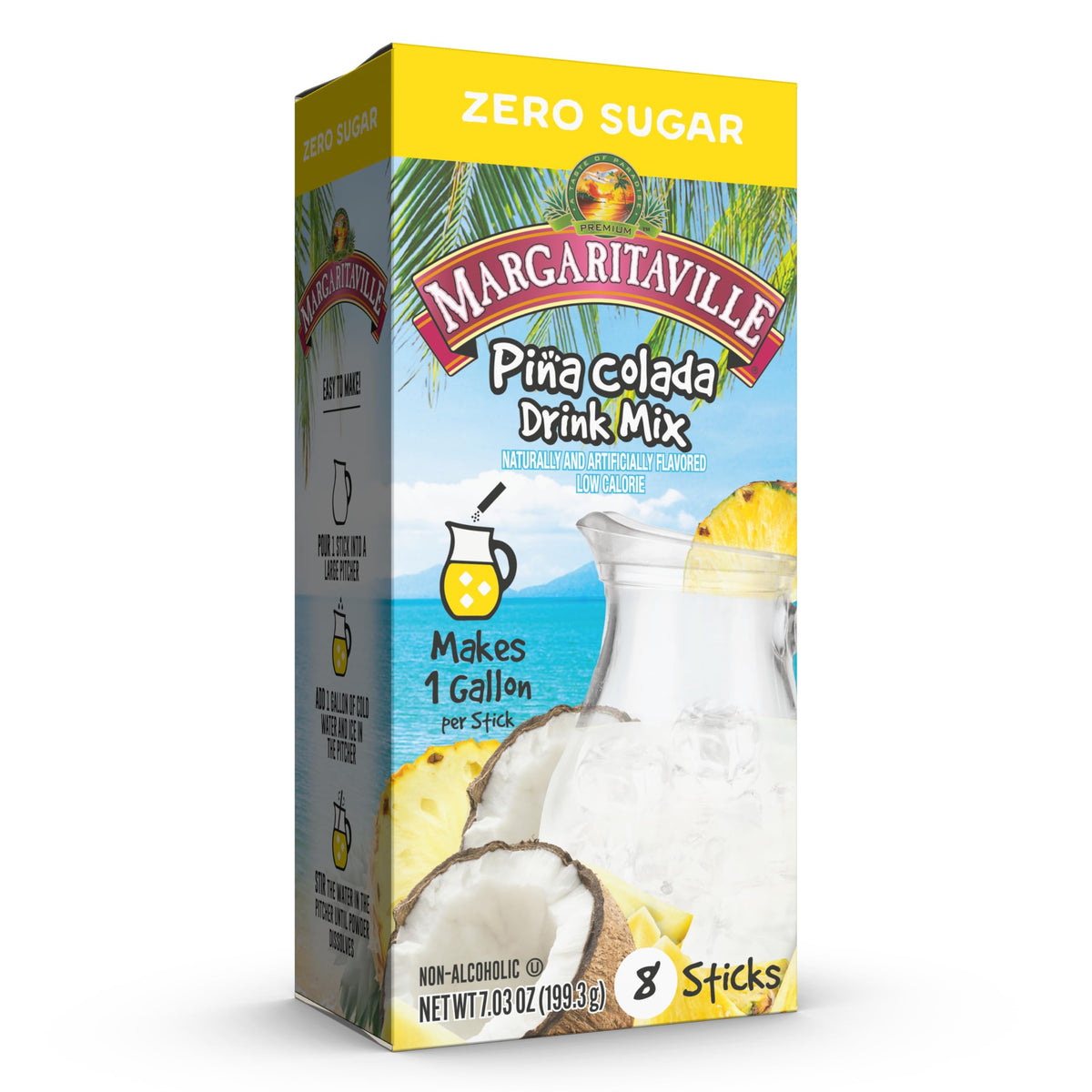 SINGLES TO GO! Margaritaville Pina Colada stick for quick, zero-sugar flavor in a gallon bottle.