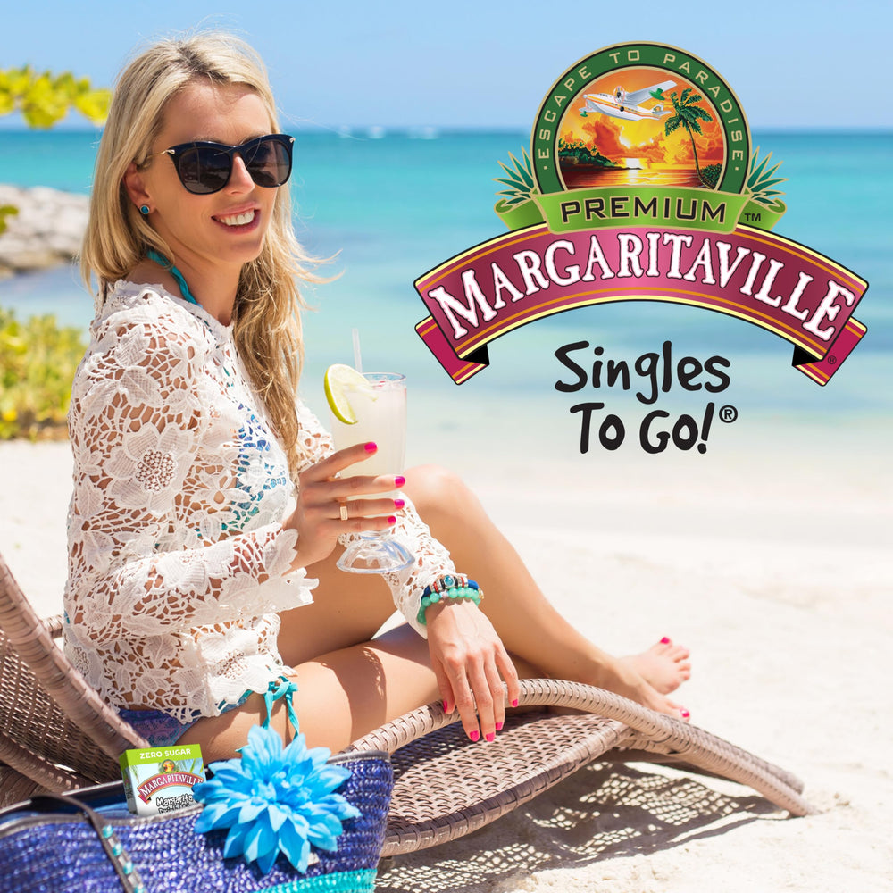 SINGLES TO GO Margaritaville Strawberry Daiquiri flavor-packaging invites versatile drinks.