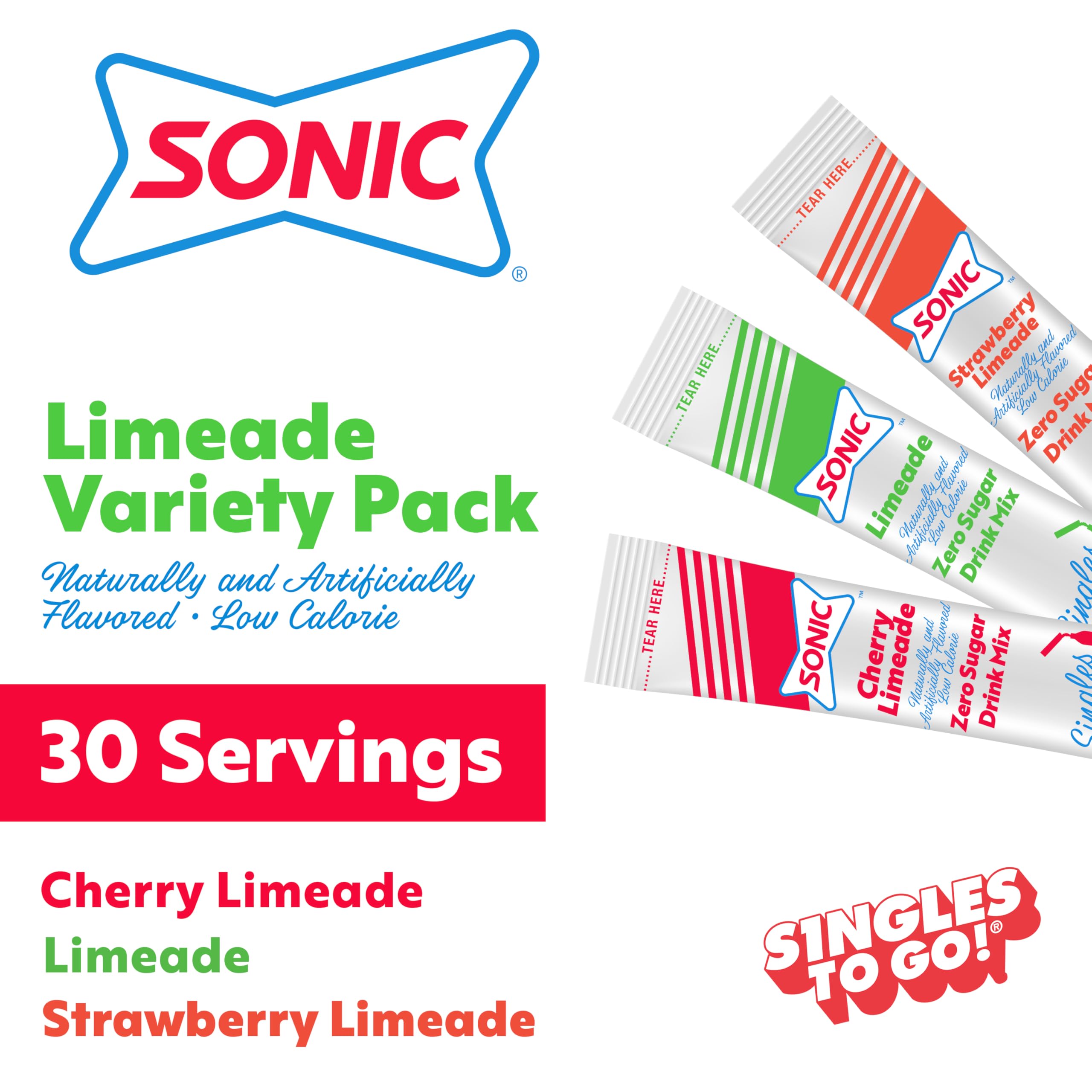SINGLES TO GO Sonic Strawberry Limeade pack shot presents tart berry flavor.