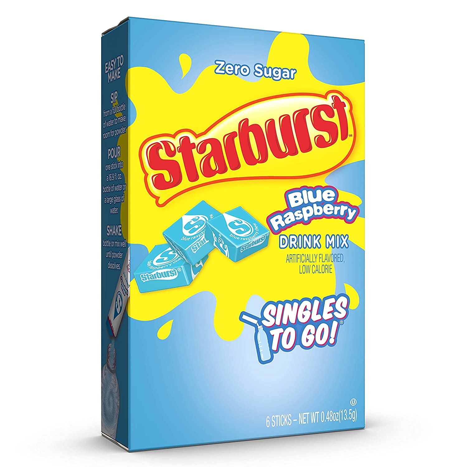 SINGLES TO GO Starburst Blue Raspberry bottle-friendly packet ready to drop into a bottle.