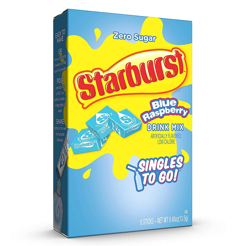 SINGLES TO GO Starburst Blue Raspberry bottle-friendly packet ready to drop into a bottle.