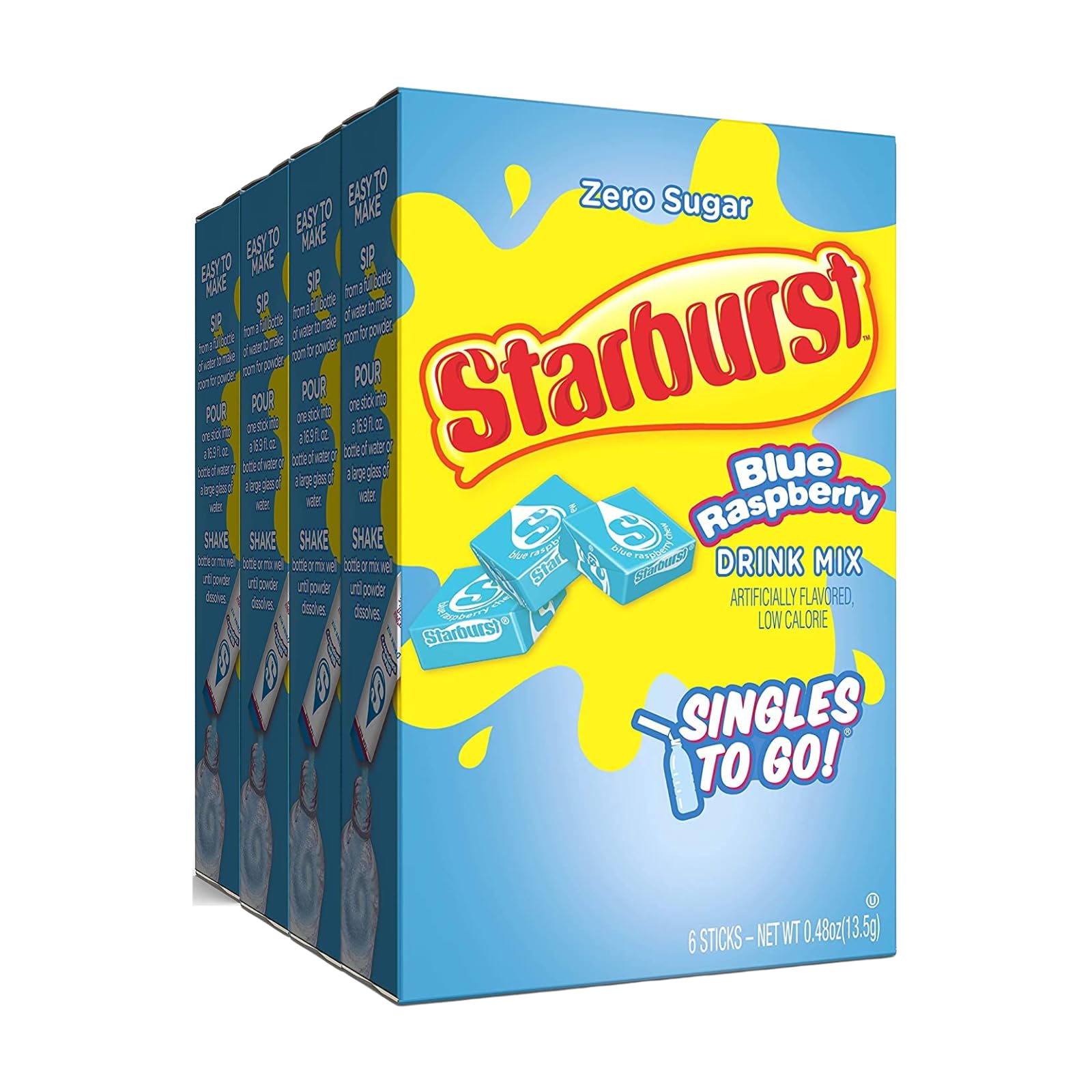 SINGLES TO GO Starburst Blue Raspberry stick dissolving in water for a refreshing flavor boost.