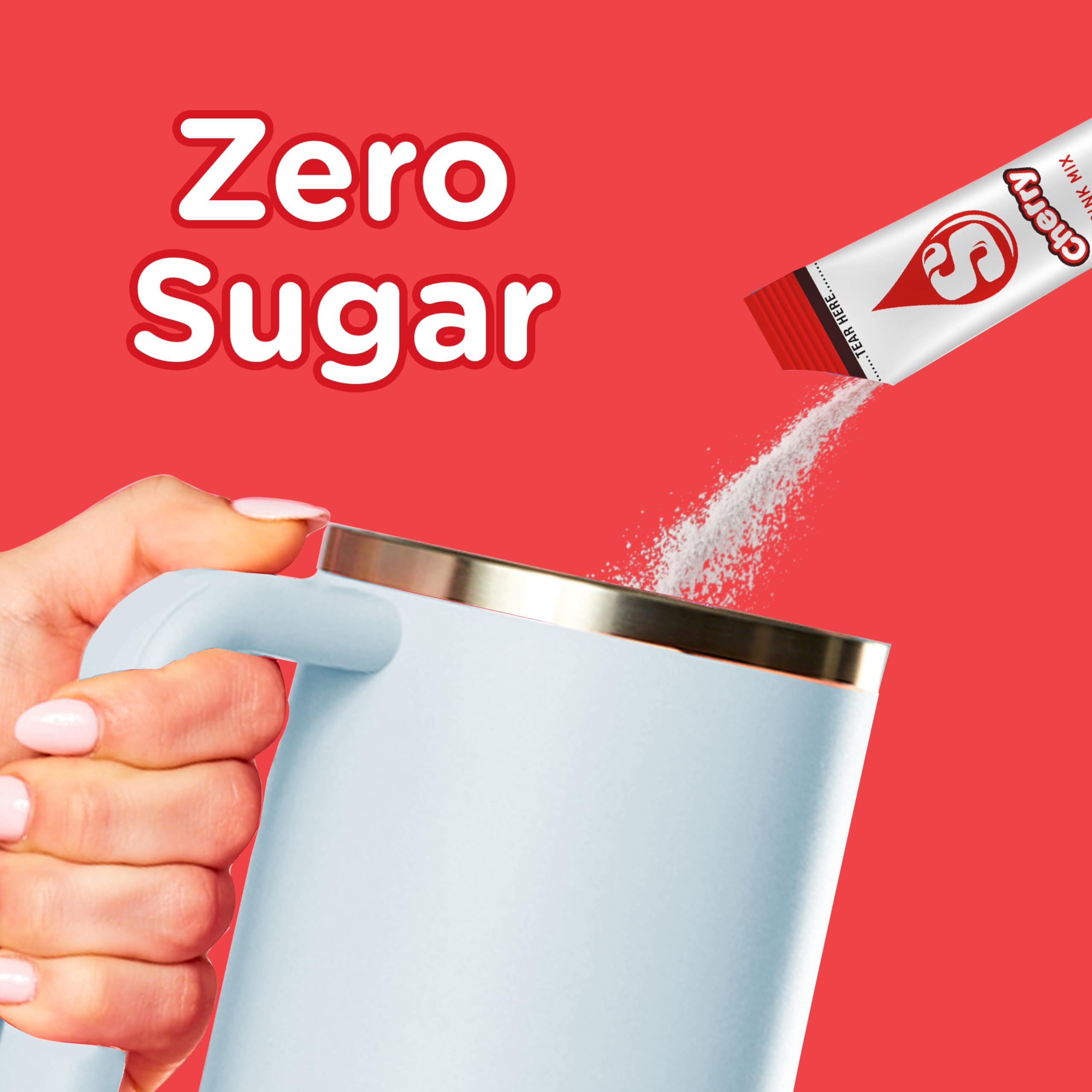 Cherry flavor label highlights sugar-free mix ideal for refreshing drinks.