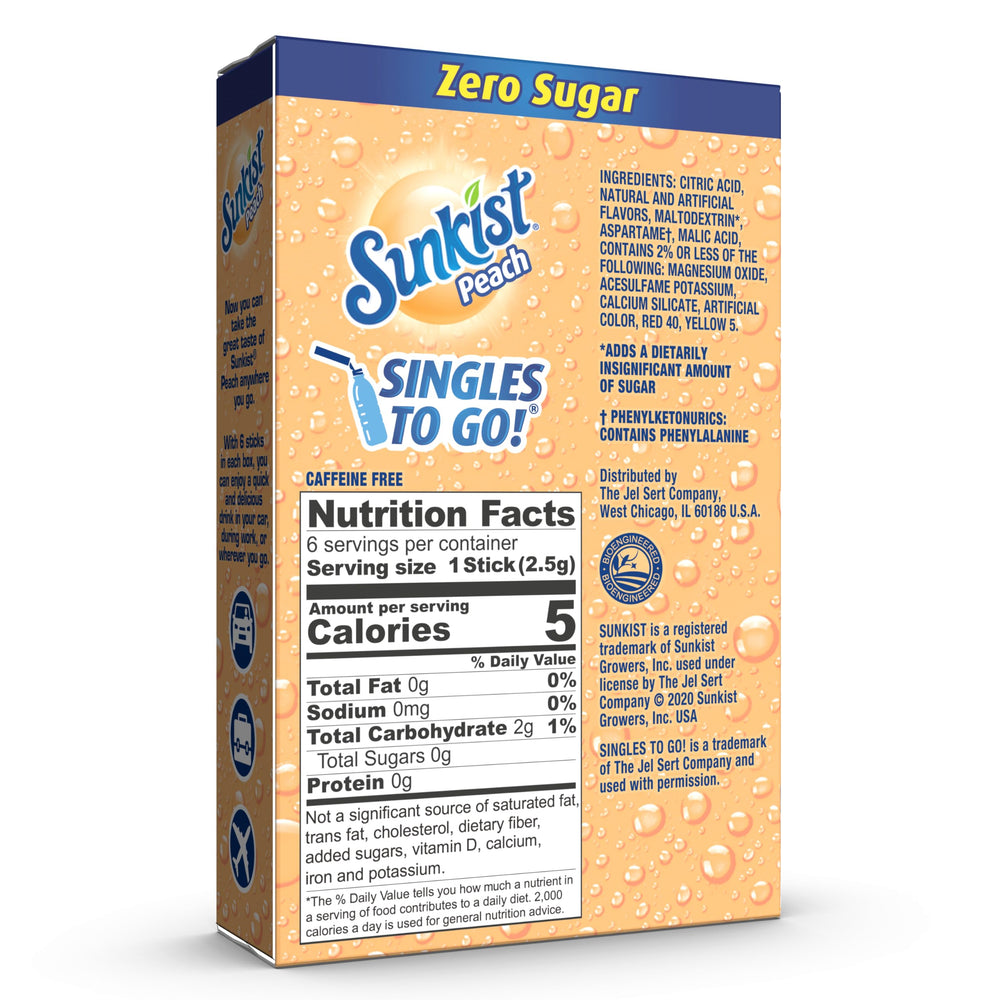 SINGLES TO GO! Sunkist Soda Peach box pack for travel-friendly flavor in minutes