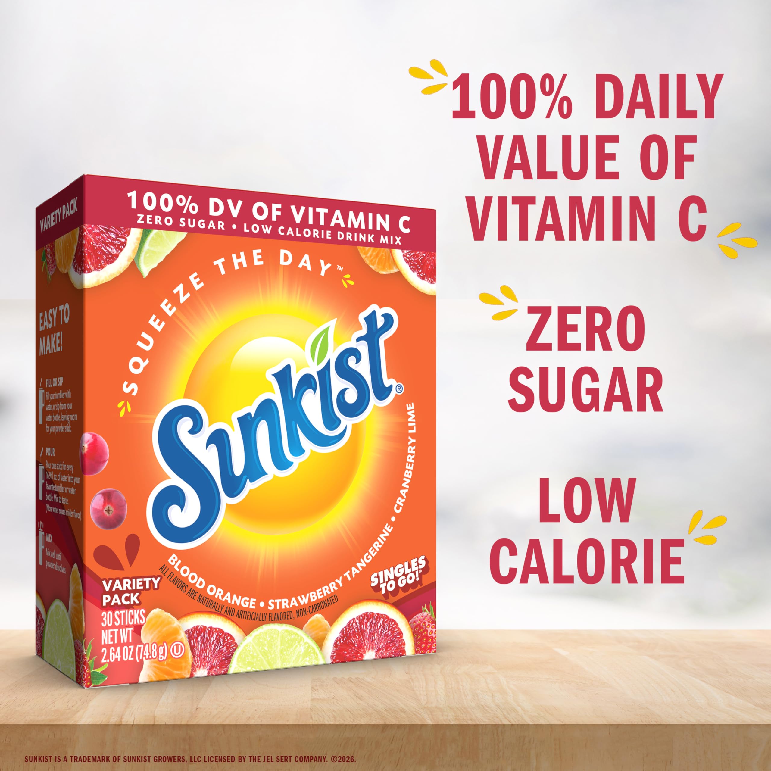SINGLES TO GO Sunkist packaging closeup highlights sugar-free formula