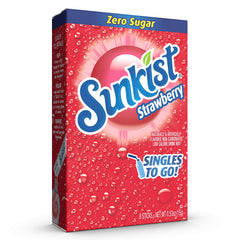 SINGLES TO GO Sunkist Strawberry drink mix in glass for convenient, caffeine-free refreshment